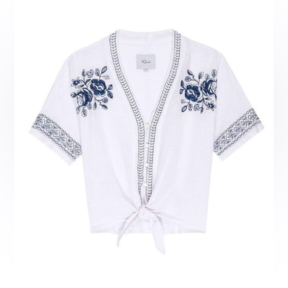 RAILS “Thea Embroidered Tie-Front Top” White w/ Blue Floral Embroidery *NWOT!🎁*